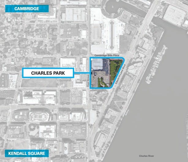 One Charles Park highlighted on a map